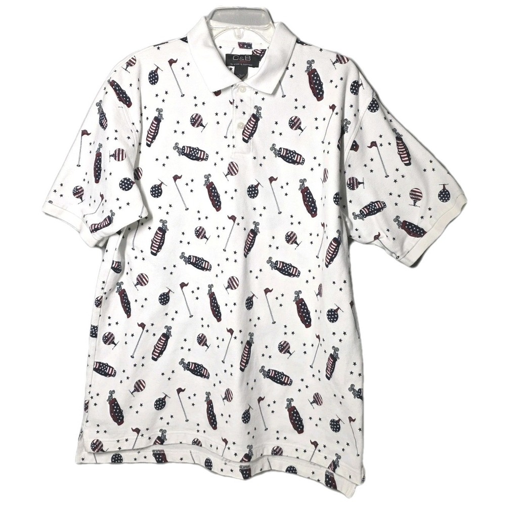 C&B Sport Mens Large White Golf Clubs Golf Balls‎ Stars Flags Golf Polo Shirt